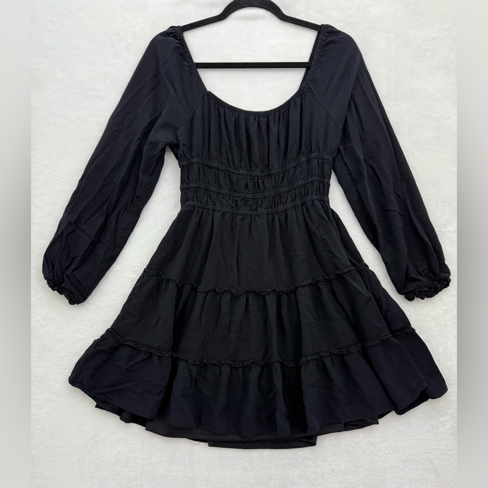 Altar’d State Black Tiered Mini Dress Long Sleeves Ruffles Elastic Waist Large